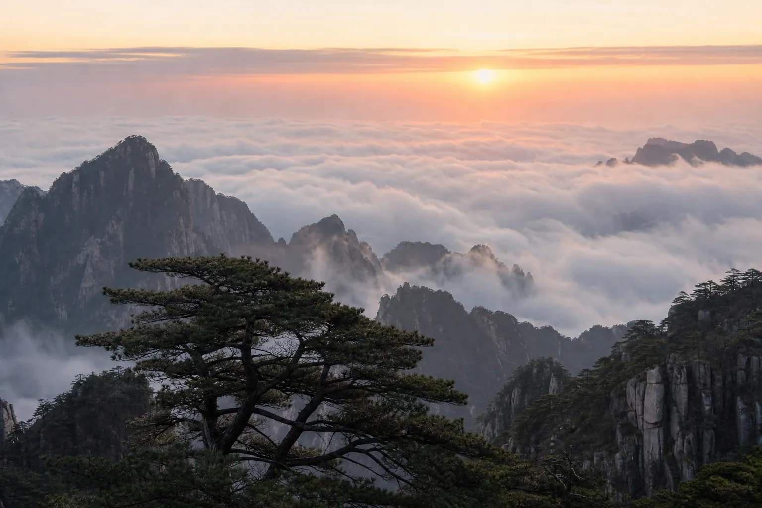 Sunrise over the granite peaks and ancient pines of Huangshan, a sea of cloud drifting between the summits