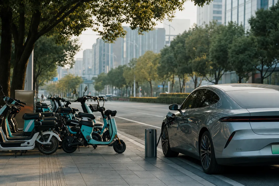 Electric scooters and a modern electric car charging on a clean, tree-lined Chinese street
