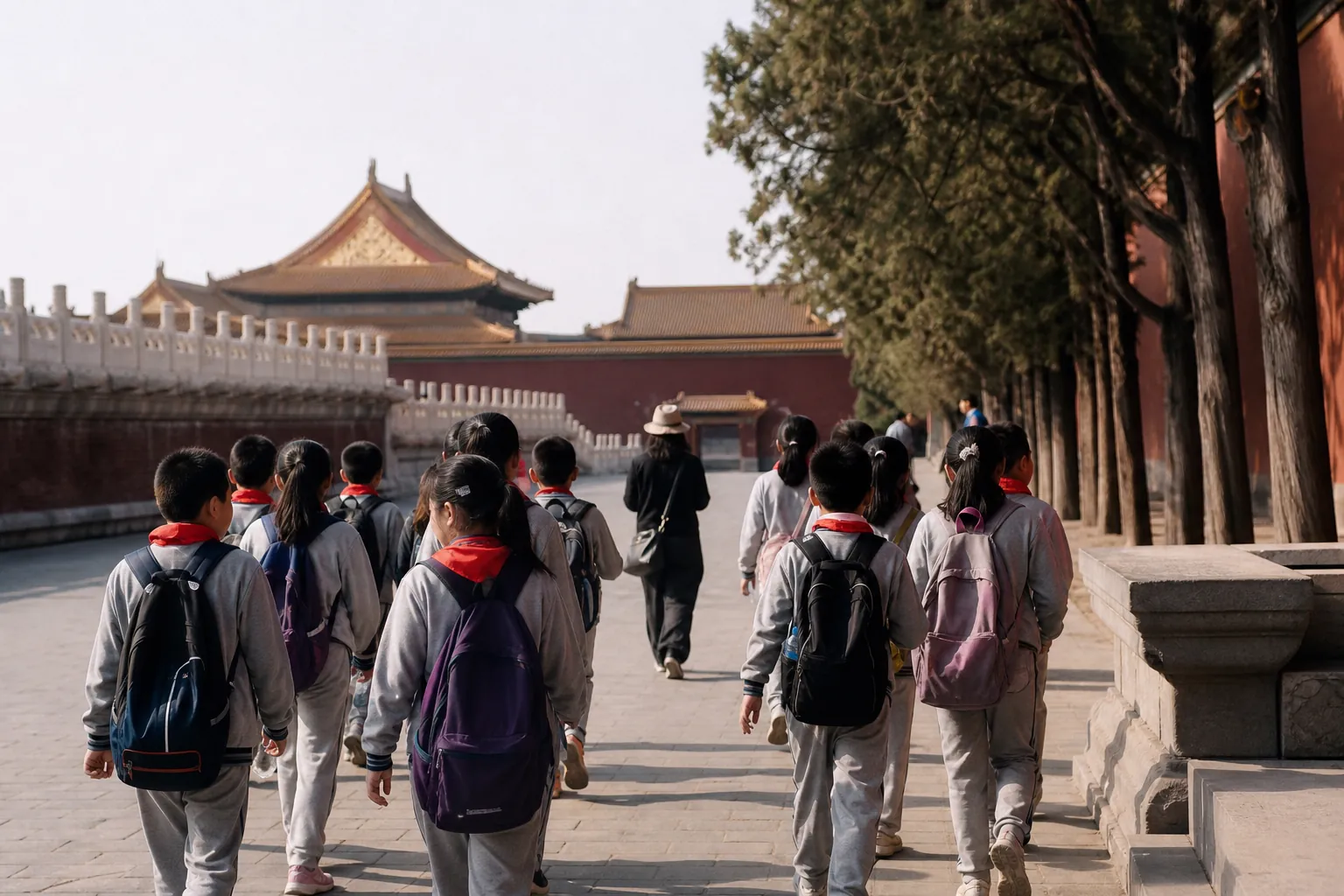 A calm group of students walking together along a clear path, a bilingual guide leading the way